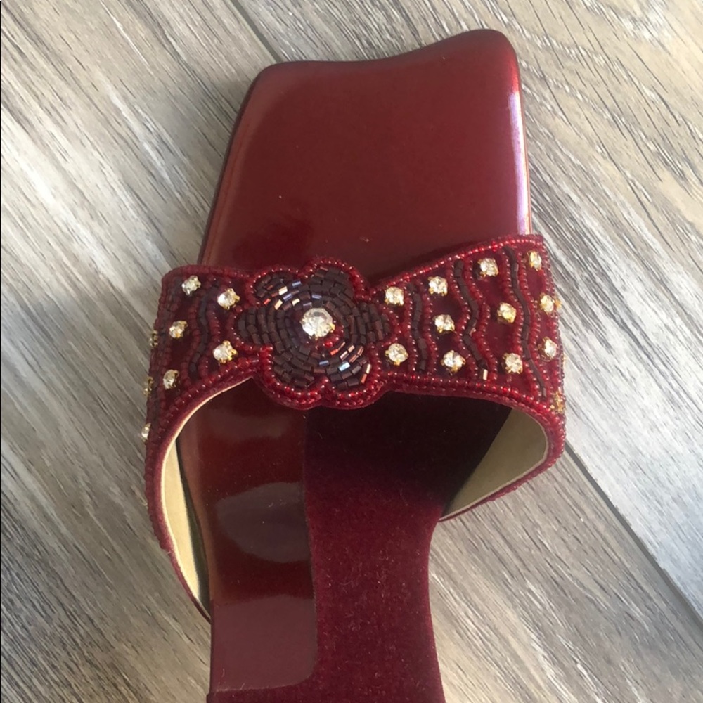 Red Burgundy beaded, velvet sandals. Size 8